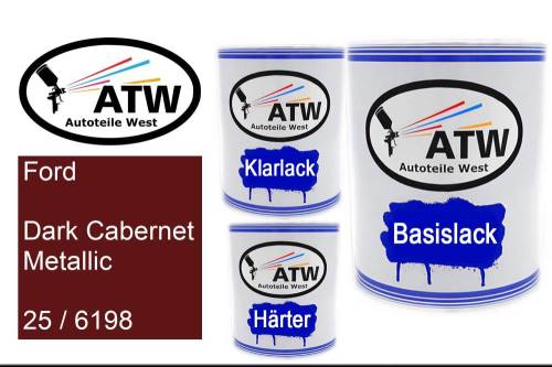 Ford, Dark Cabernet Metallic, 25 / 6198: 1L Lackdose + 1L Klarlack + 500ml Härter - Set, von ATW Autoteile West.